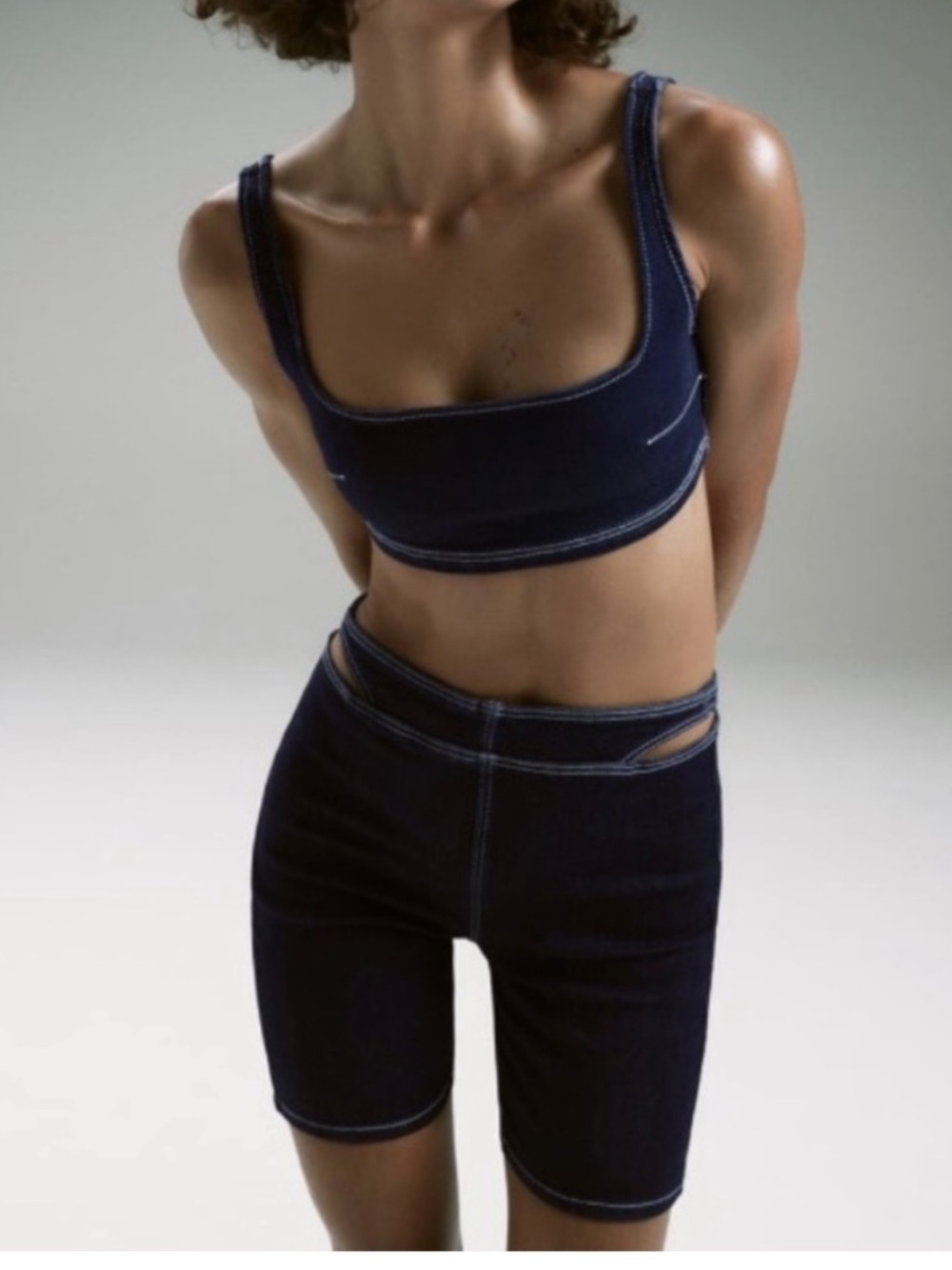 Zara Dark Blue Denim High-Waist Bike Shorts Set with Denim Blue Bralette top